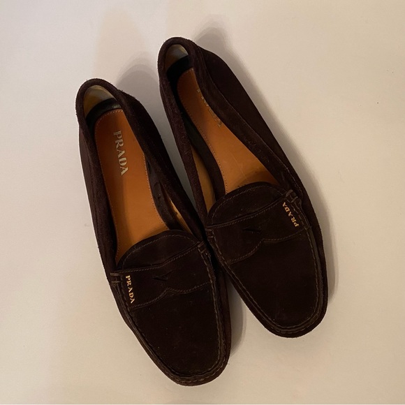 PRADA SHOES LOAFERS FLATS BROWN SUEDE LEATHER RUBBER SOLE ITALY SIZE 41 10.5 - Picture 2 of 13
